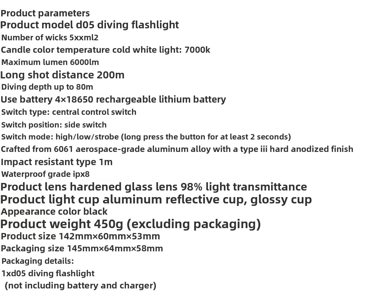 D05 Diving Flashlight Specifications 6000LM IPX8