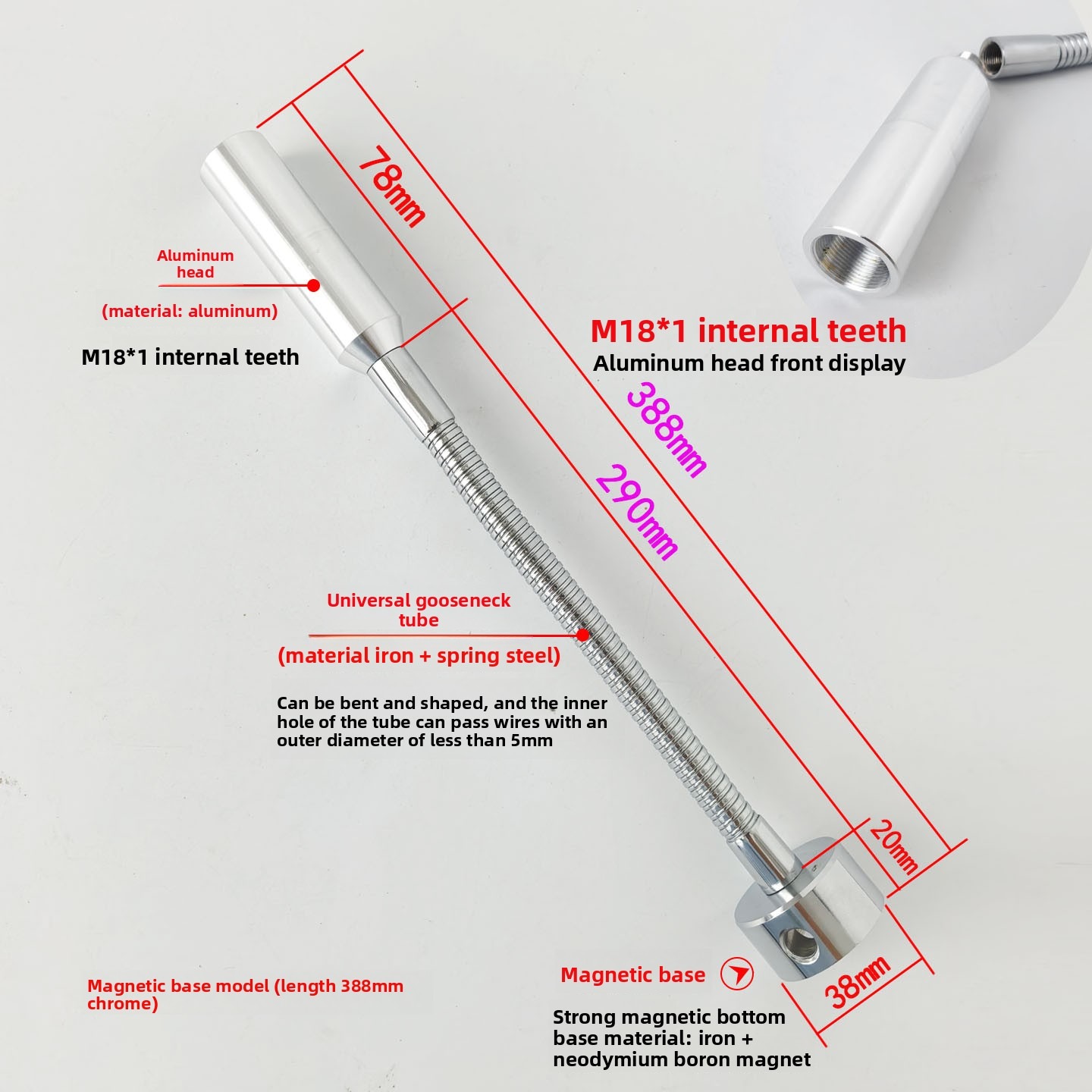 RG008 Gooseneck Tube Spec Sheet - 388mm with Magnetic Base