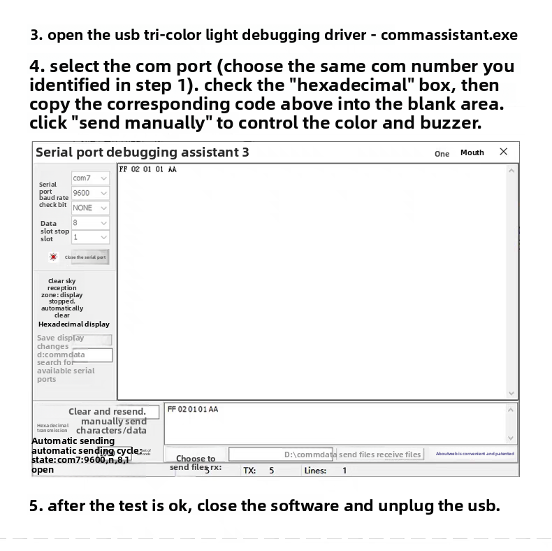 M4 USB Warning Light Serial Port Debugging Assistant Software Setup 9600 8N1